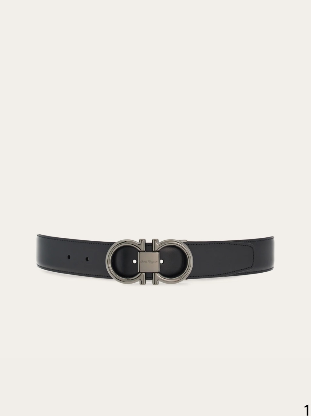 Salvatore Ferragamo Leather Gancini Belt With Silver Buckle. Size 42 Black/Navy